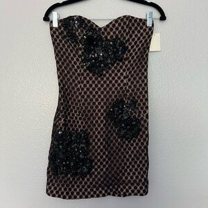 French Connection Strapless Black Beaded Sequin Lace Mini Dress